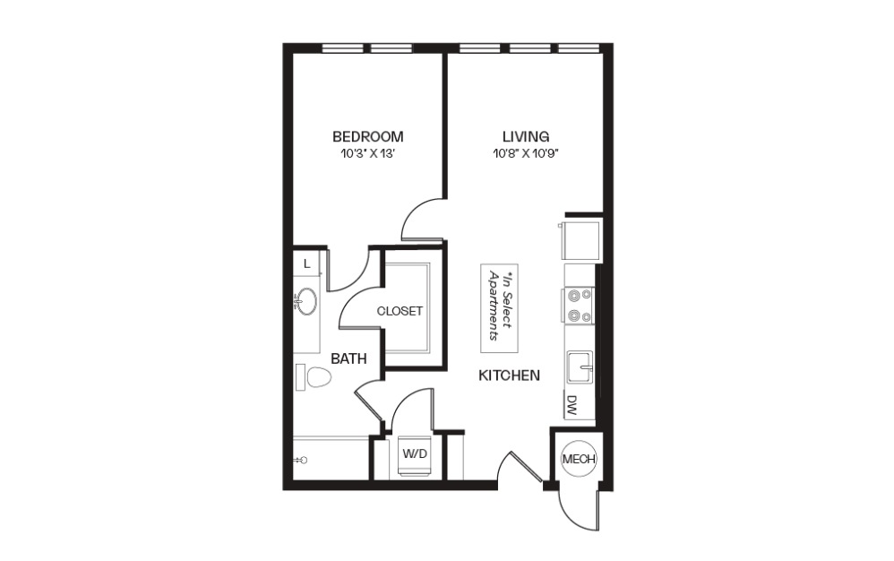 Artisan - 1 bedroom floorplan layout with 1 bathroom and 663 - 707 square feet Artisan - 1 bedroom floorplan layout with 1 bathroom and 663 - 707 square feet