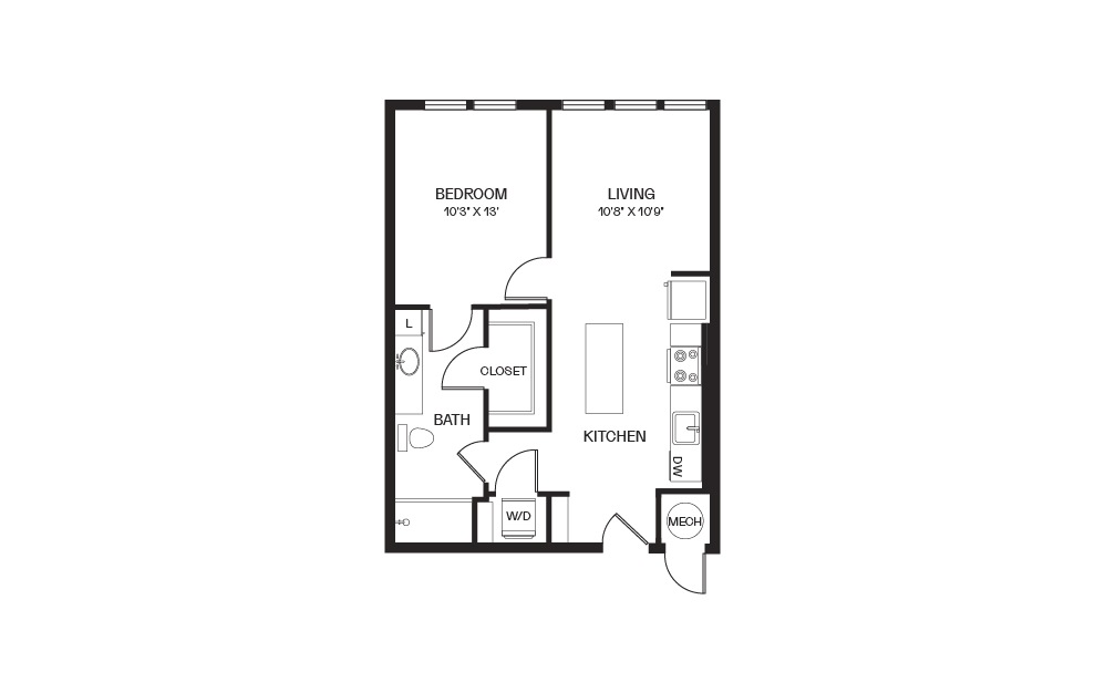 Artisan - 1 bedroom floorplan layout with 1 bath and 663 to 707 square feet.