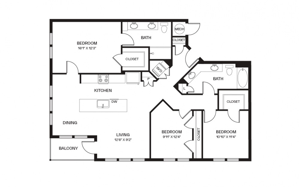 Noteworthy - 3 bedroom floorplan layout with 2 baths and 1400 square feet.