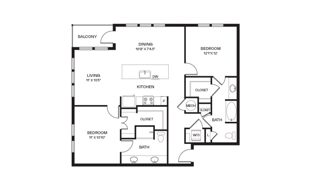 Opulence - 2 bedroom floorplan layout with 2 baths and 1259 to 1443 square feet.